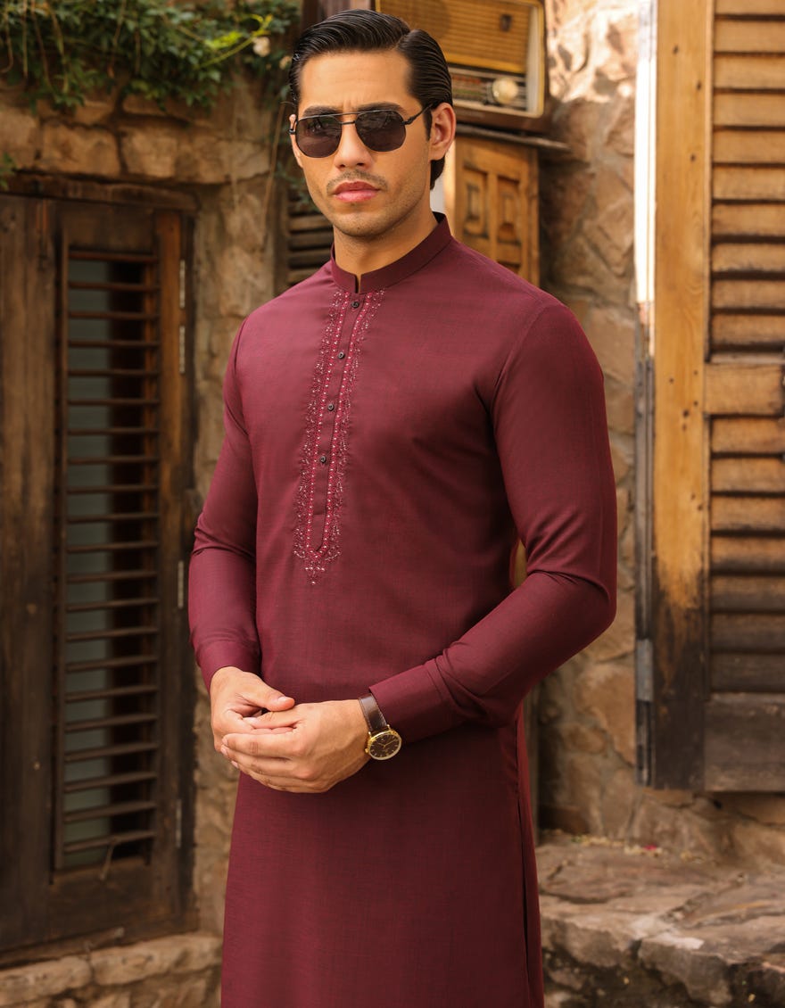 Maroon Blended Men's Kameez Shalwar | Jjks-S-34480