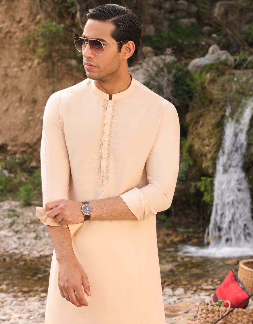 Beige Blended Men's Kameez Shalwar | Jjks-S-34481