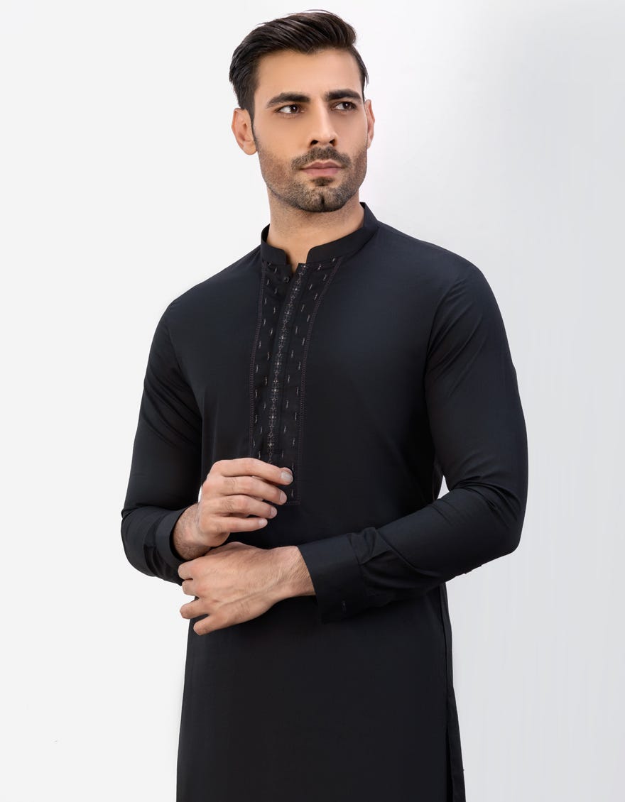Black Blended Men's Kameez Shalwar | Jjks-S-34482