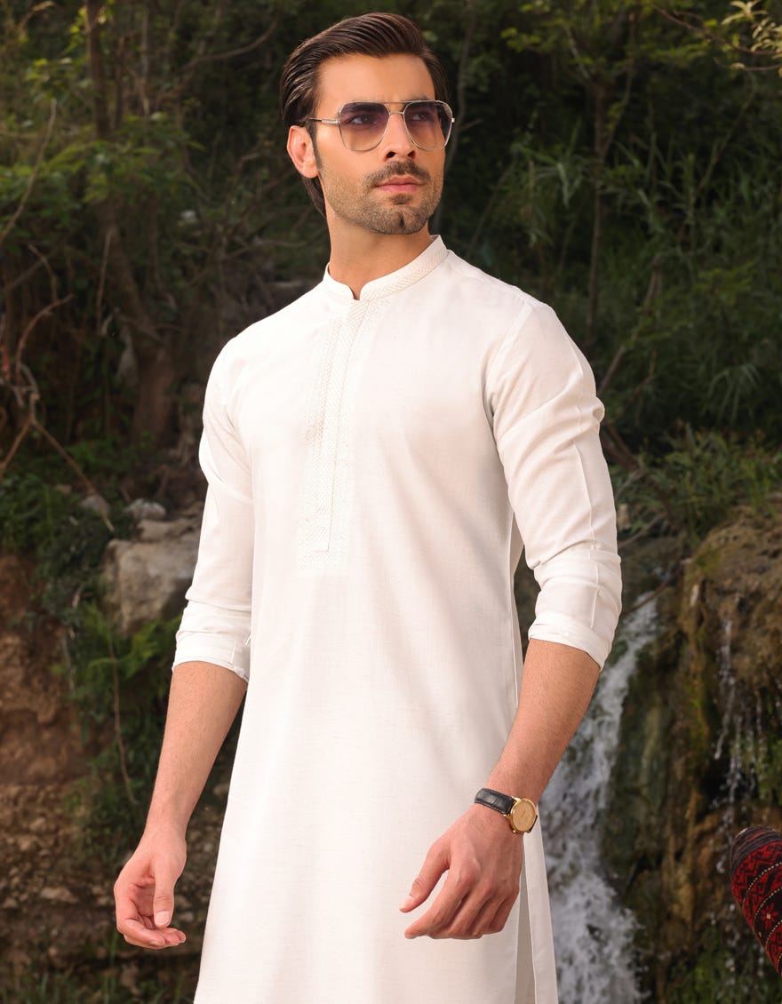 Ivory Blended Men's Kameez Shalwar | Jjks-A-34494