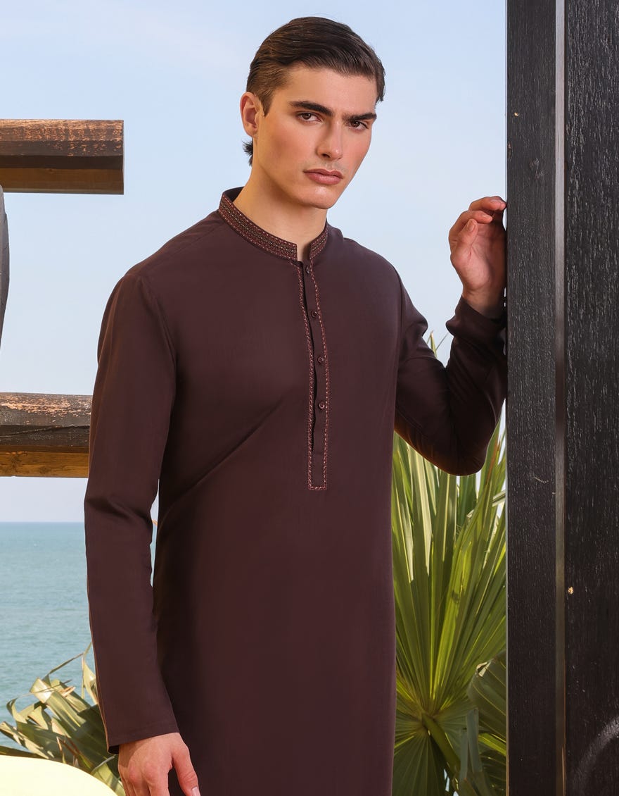 Chocolate Brown Blended Men's Kameez Shalwar | Jjks-S-34500
