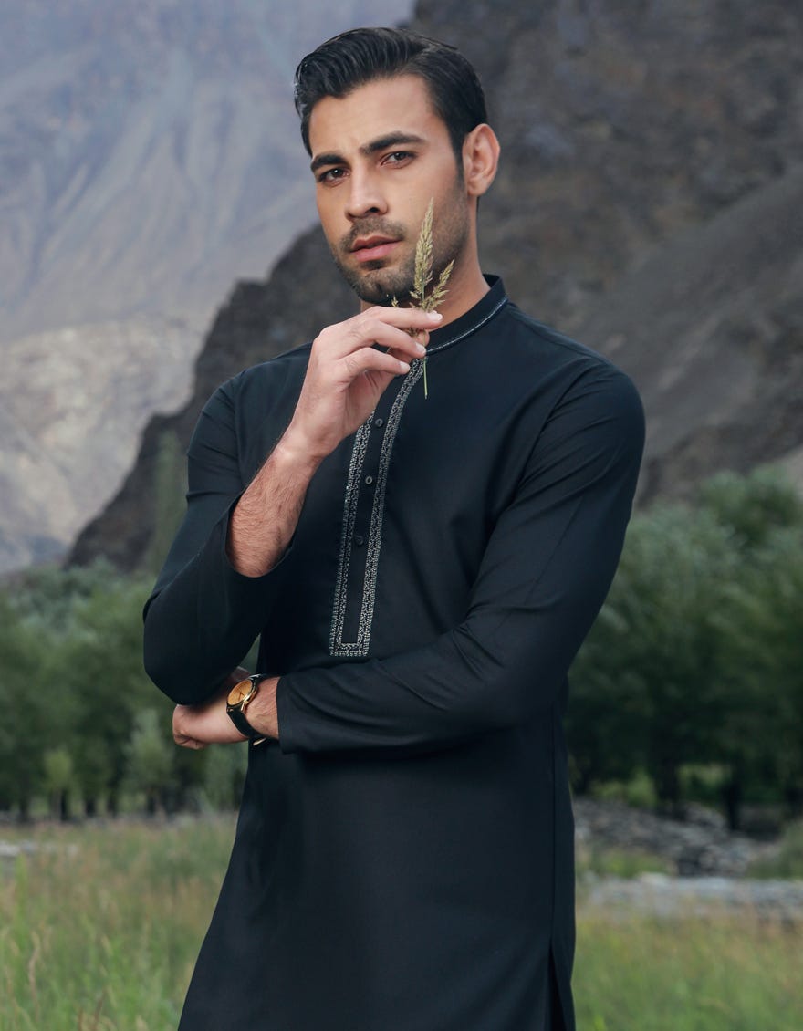 Black Blended Men's Kameez Shalwar | Jjks-S-34501
