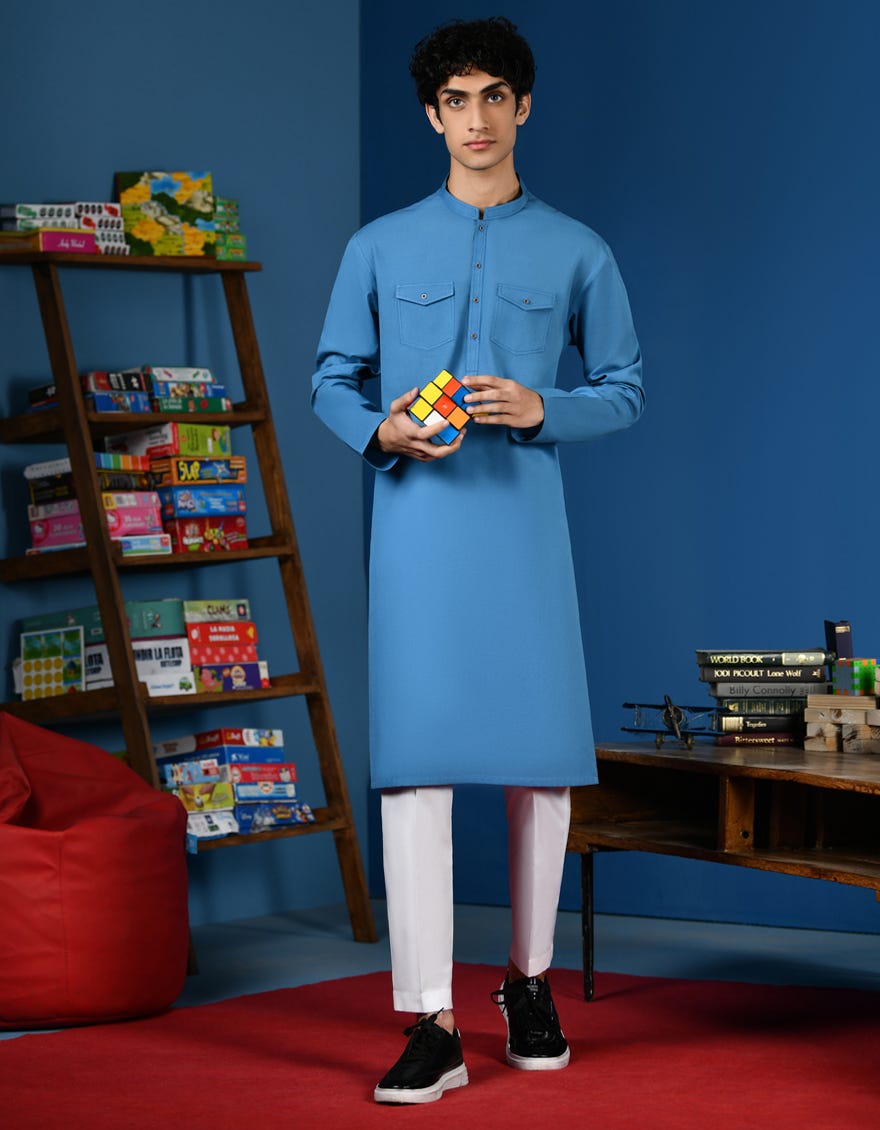 Turquoise Cotton Teen Boy's Kurta | Jtk-A-34520