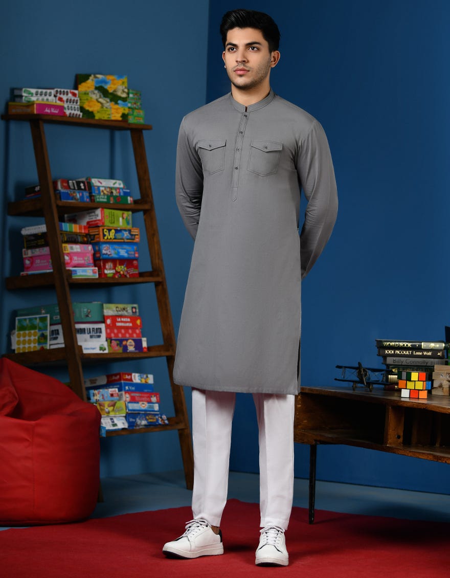 Grey Cotton Teen Boy's Kurta | Jtk-A-34521