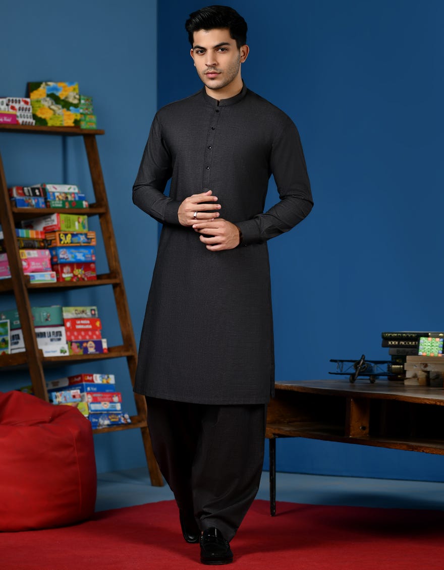 Black Cotton Teen Boy's Kameez Shalwar | Jtks-A-34523