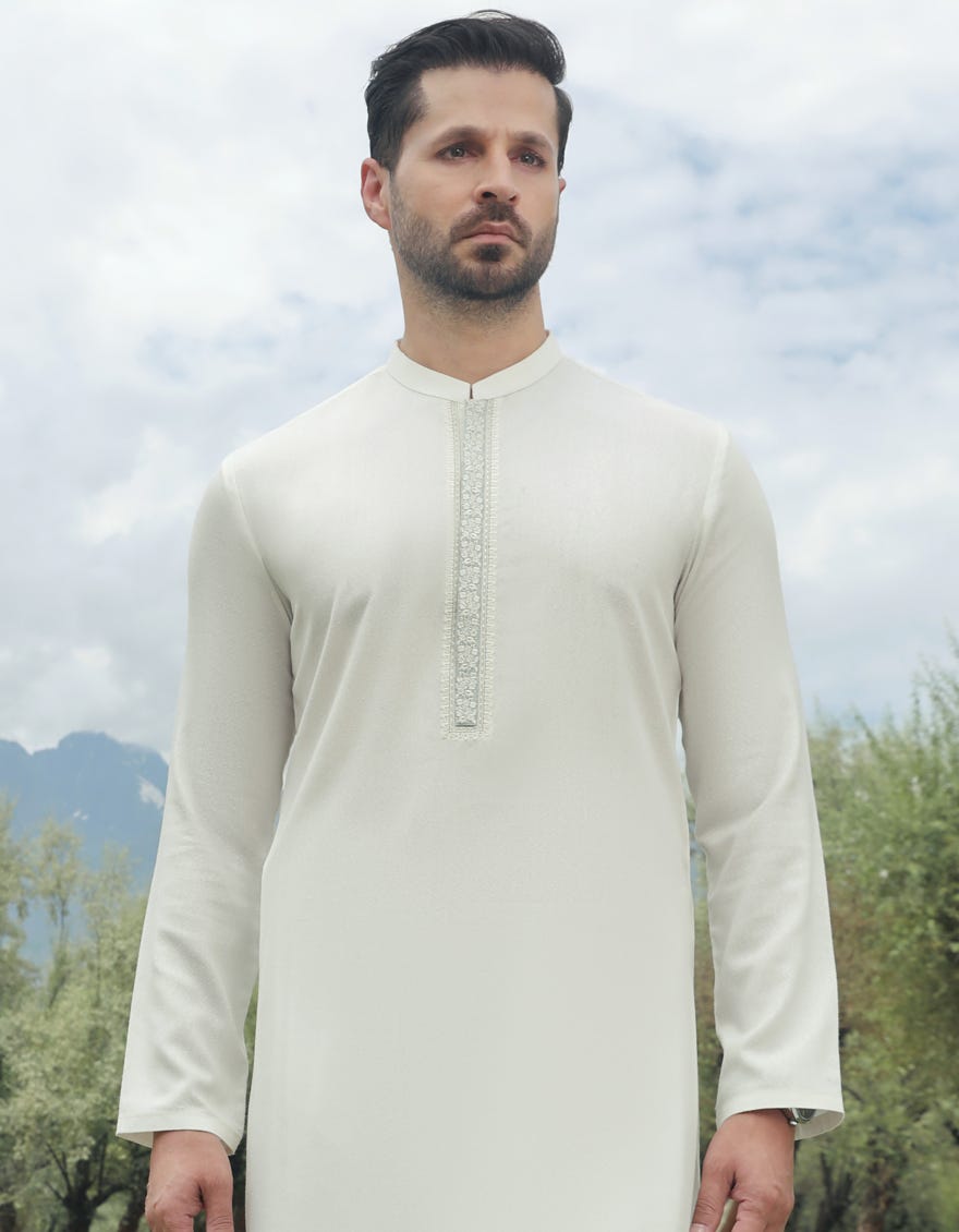 White Ayudhiya Men's Kameez Shalwar | Jjks-A-34528