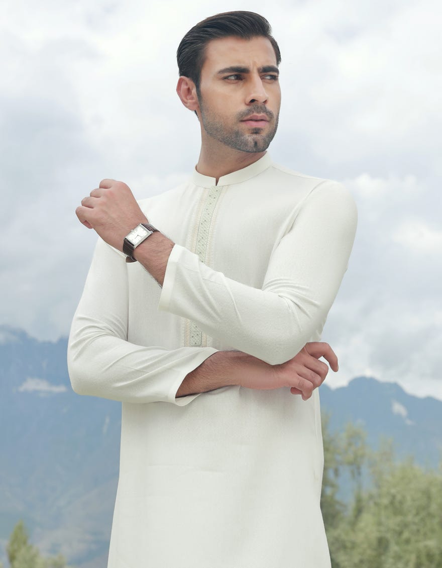 White Ayudhiya Men's Kameez Shalwar | Jjks-A-34529