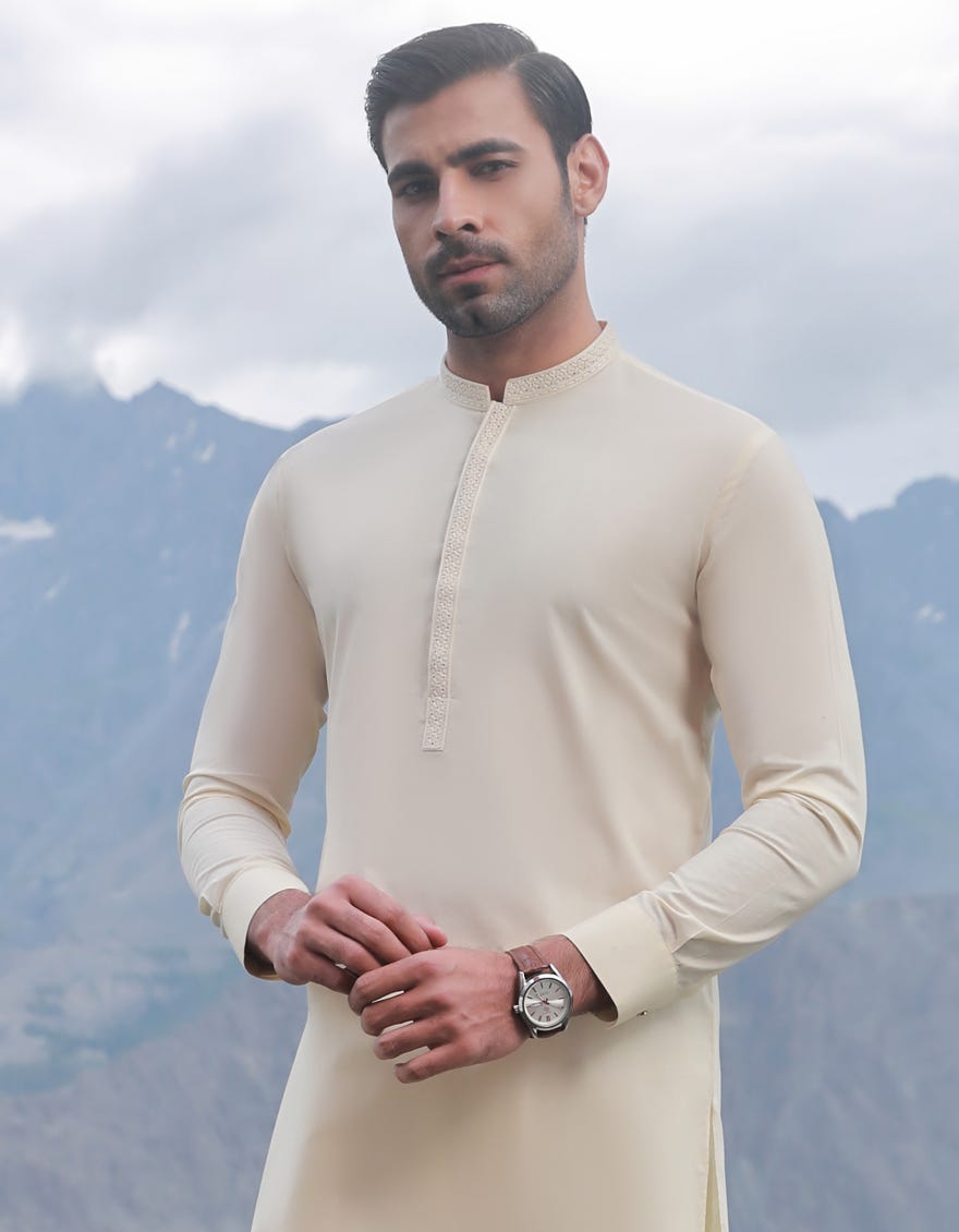 Cream Blended Men's Kameez Shalwar | Jjks-S-34537