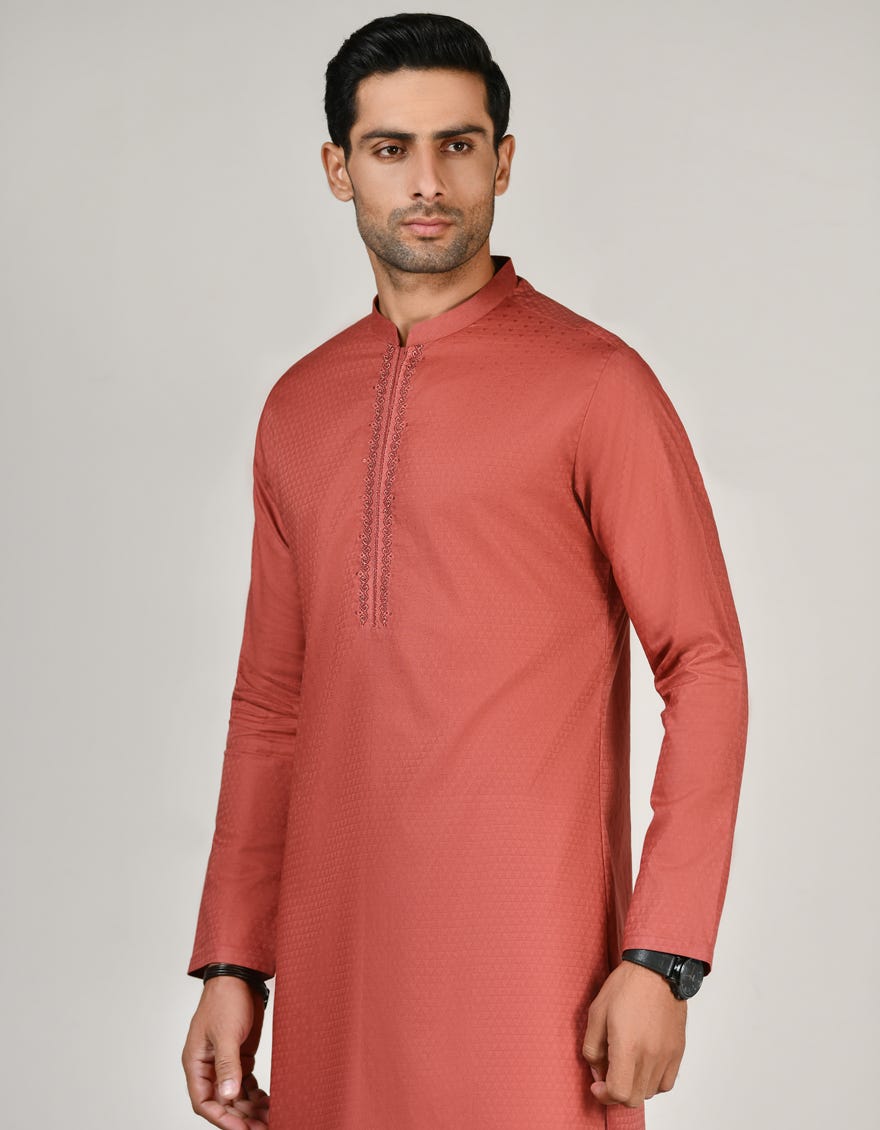 Peach Pink Cotton Men's Kurta | Jjk-A-34538