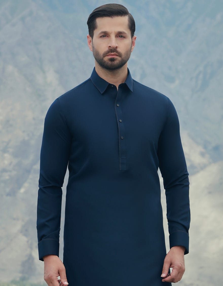 Navy Blue Blended Men's Kameez Shalwar | Jjks-A-34539