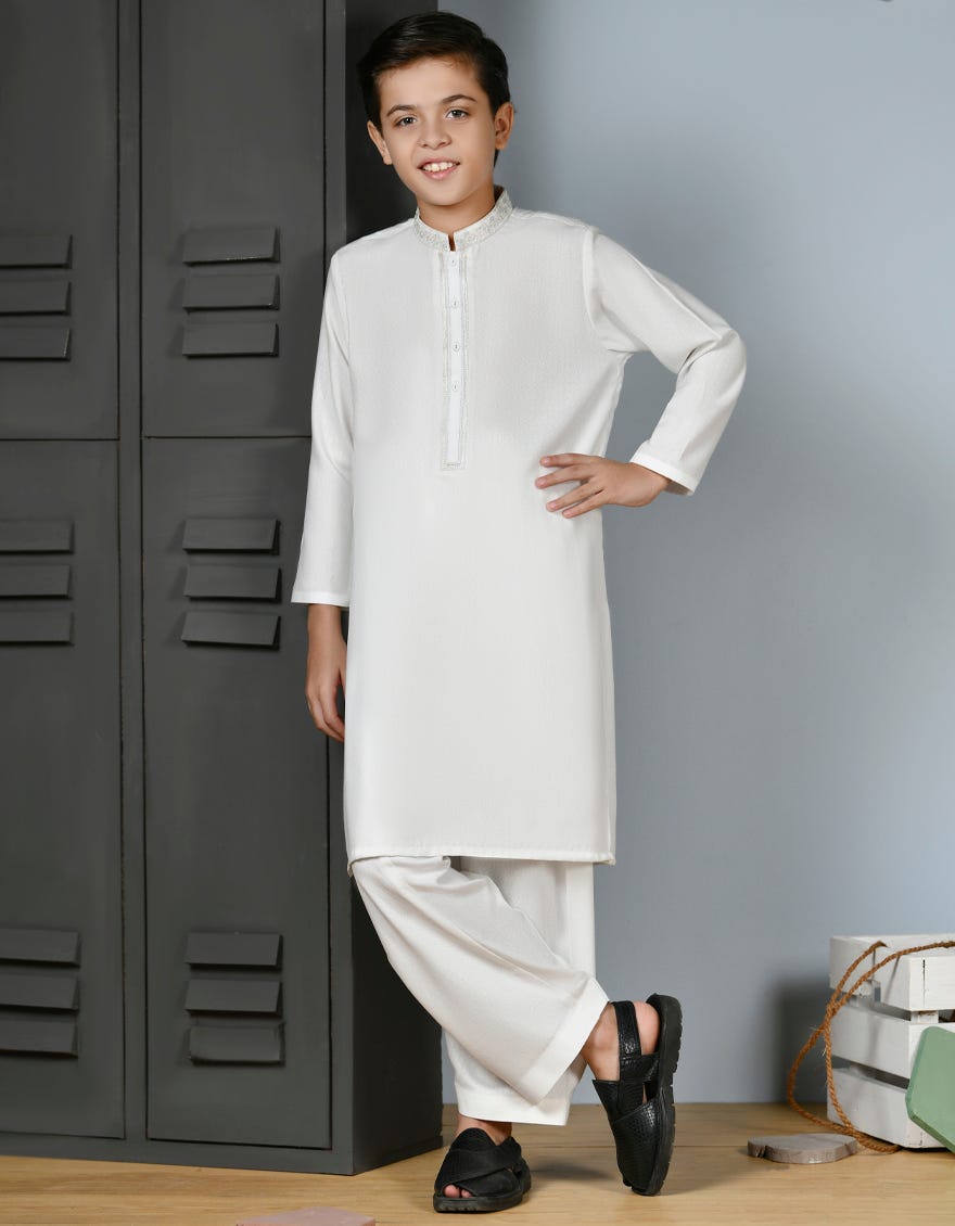 White Ayudhiya Kid's Kameez Shalwar | Jcks-A-34545