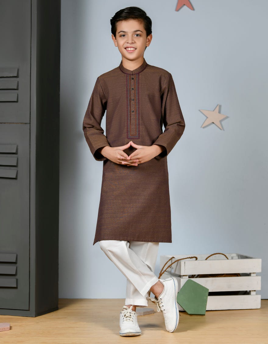 Coffee Brown Cotton Kid's Kurta | Jck-A-34548
