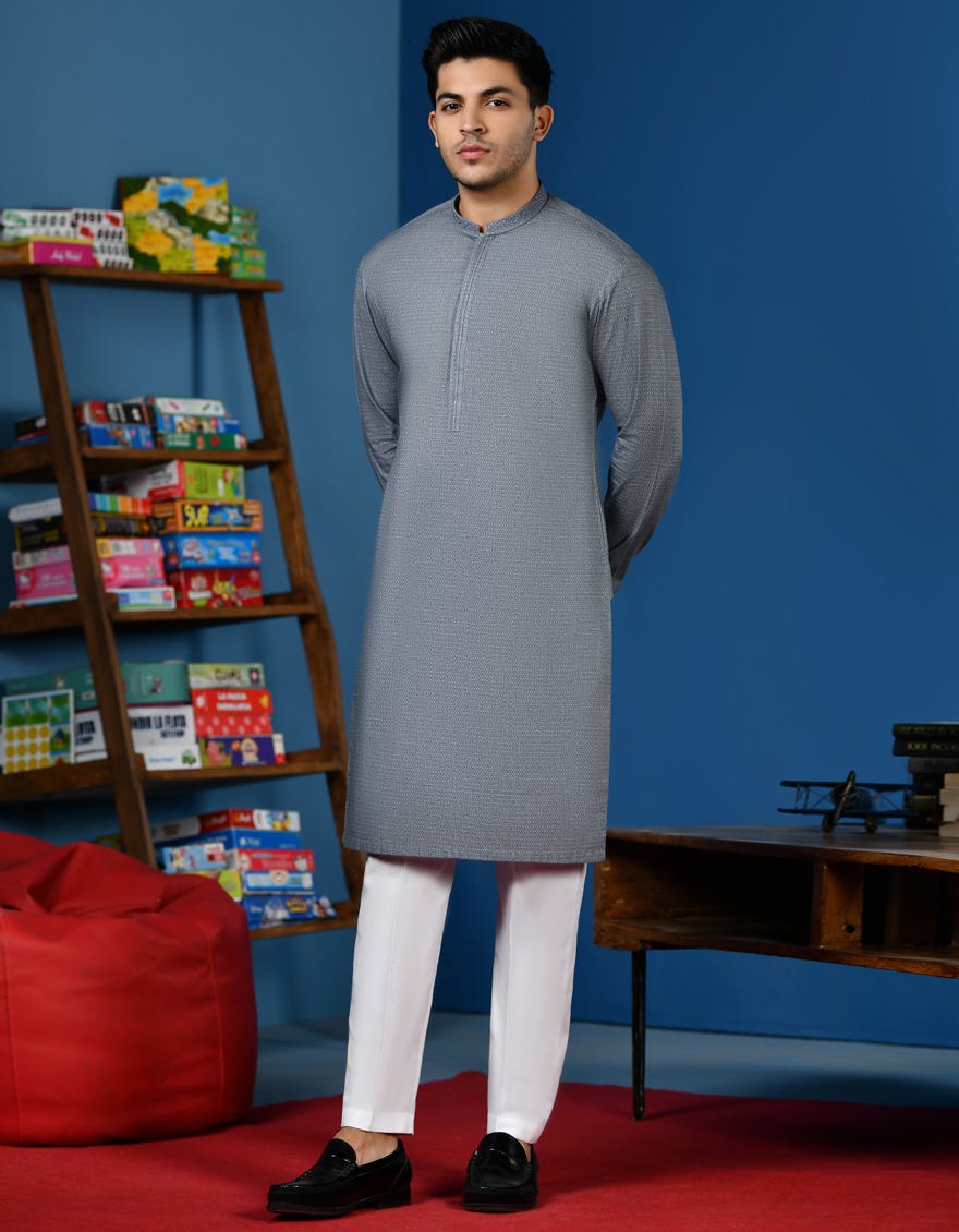 Greyish Blue Cotton Teen Boy's Kurta | Jtk-W-34552