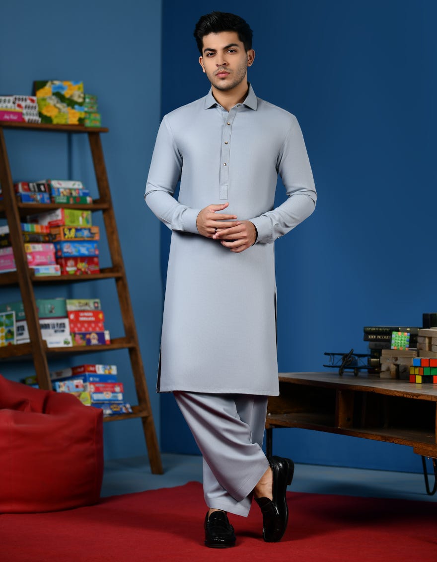 Grey Blended Teen Boy's Kameez Shalwar | Jtks-W-34562