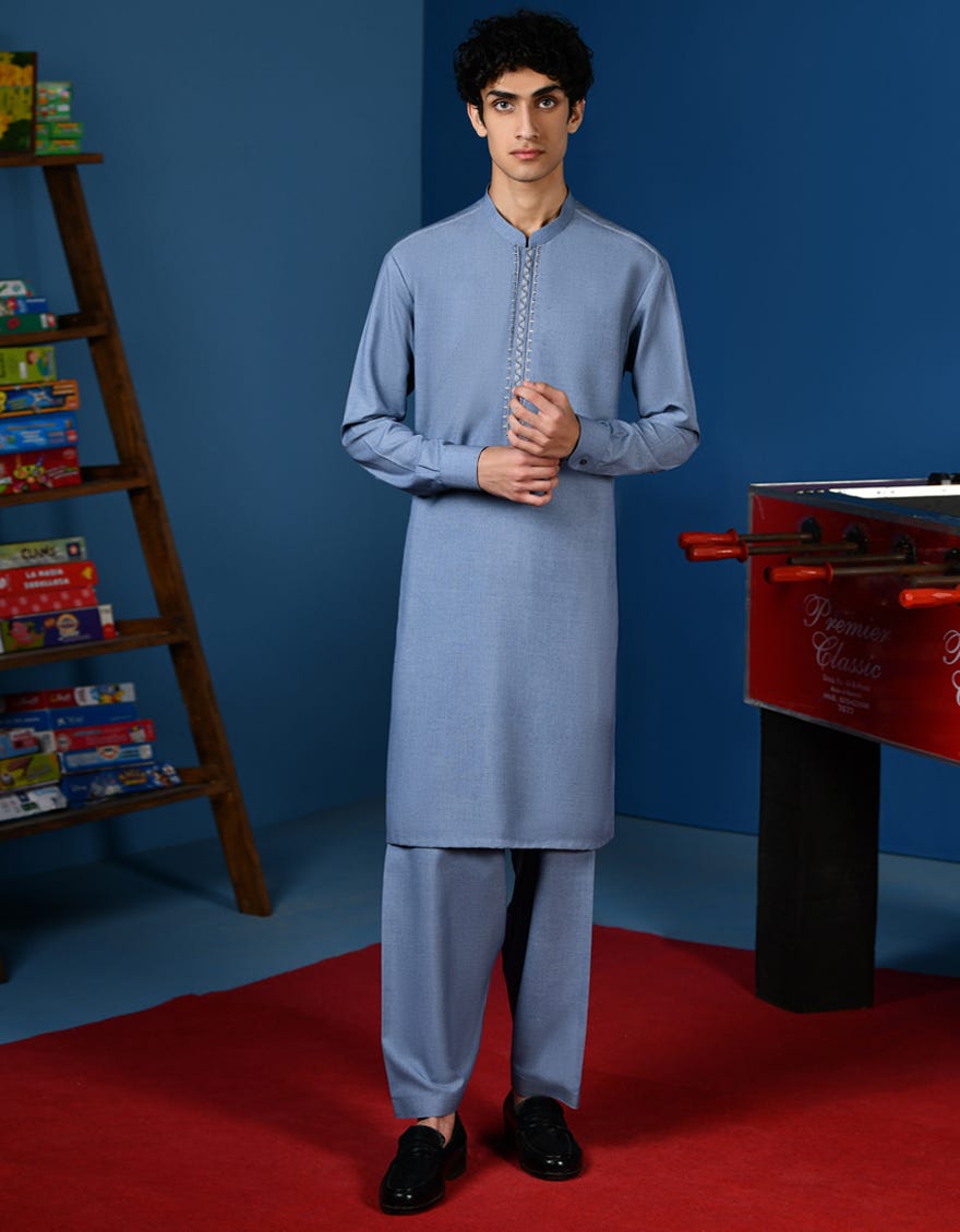 Blue Blended Teen Boy's Kameez Shalwar | Jtks-A-34563