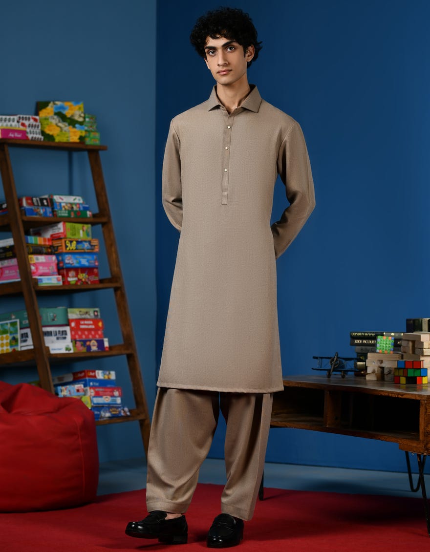 Brown Blended Teen Boy's Kameez Shalwar | Jtks-W-34569