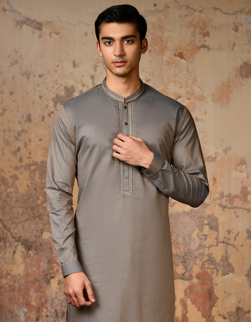 Stone Grey Cotton Men's Kameez Shalwar | Jjks-S-34576