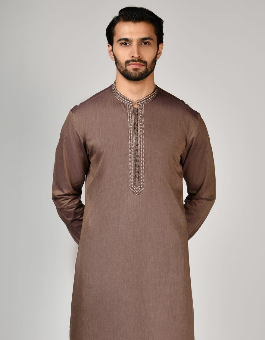 Brown Cotton Men's Kameez Shalwar | Jjks-S-34577