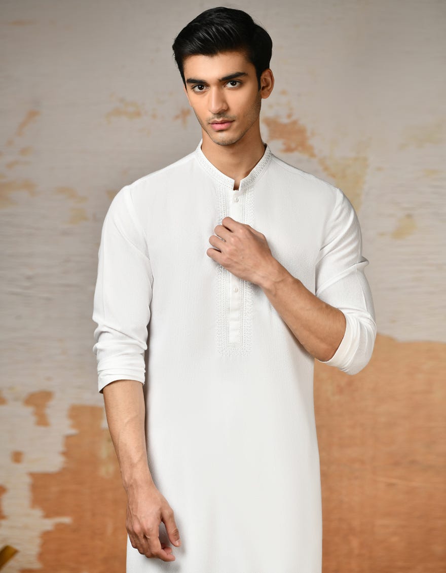 White Blended Men's Kameez Shalwar | Jjks-S-34584