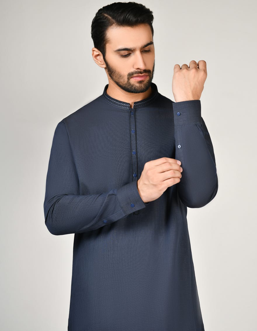 Blue Cotton Men's Kameez Shalwar | Jjks-A-34587