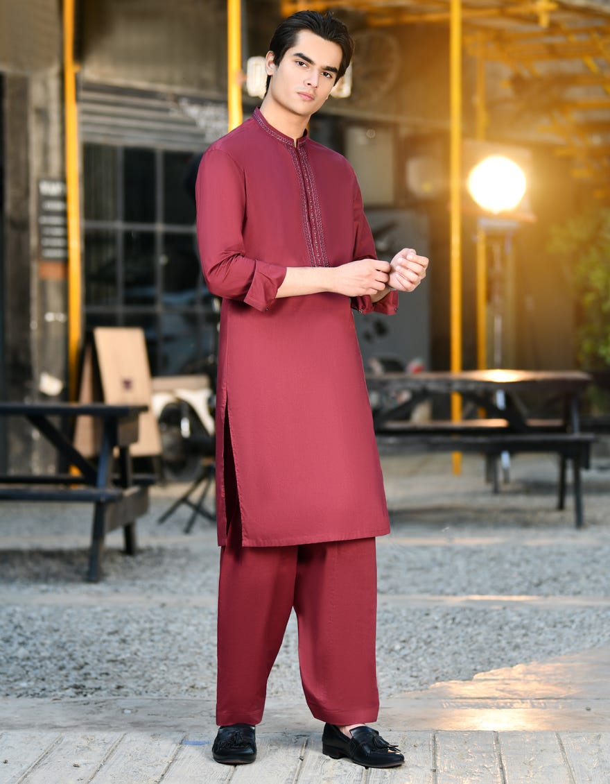 Maroon Cotton Teen Boy's Kameez Shalwar | Jtks-S-34589