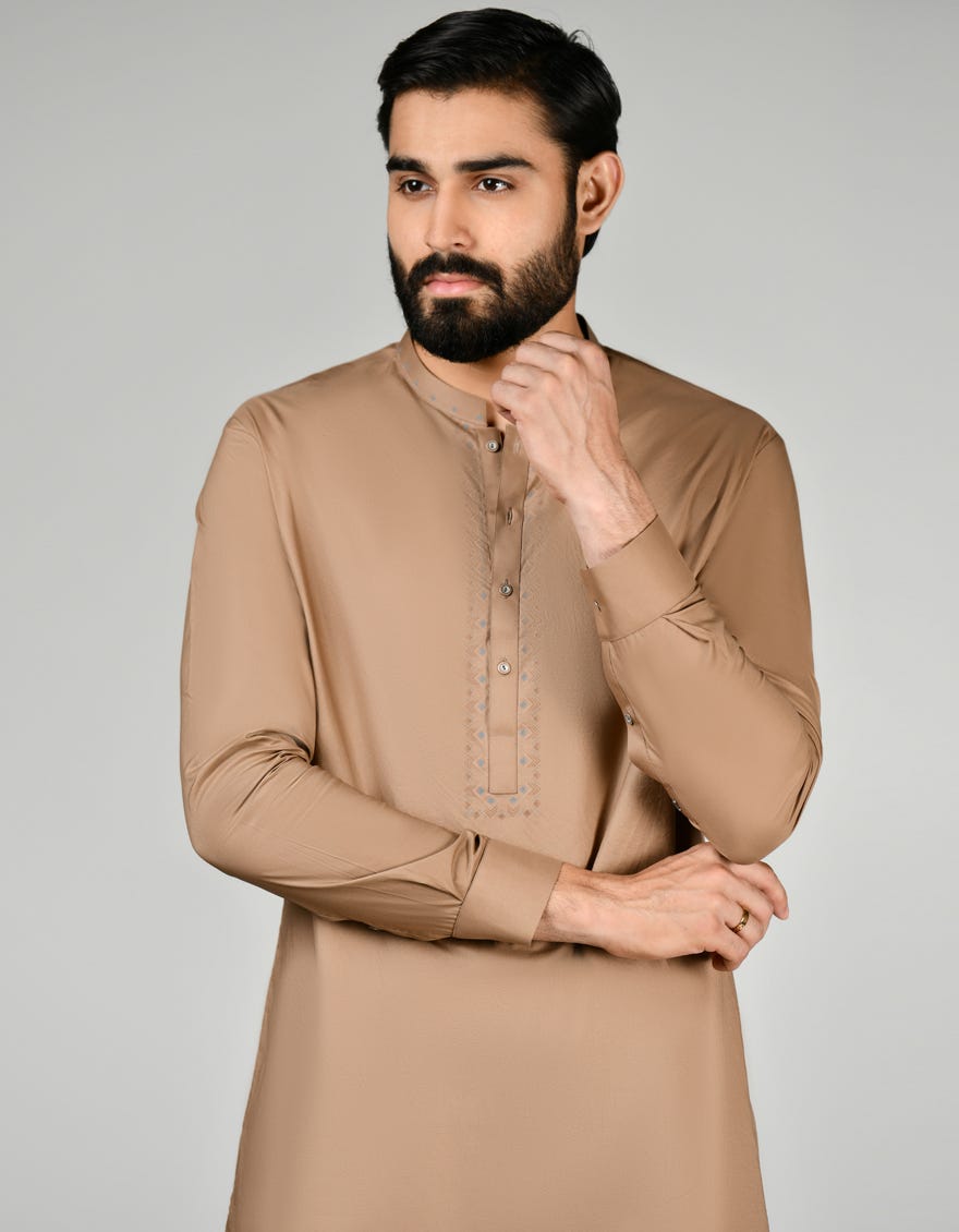 Light Brown Cotton Men's Kameez Shalwar | Jjks-S-34616