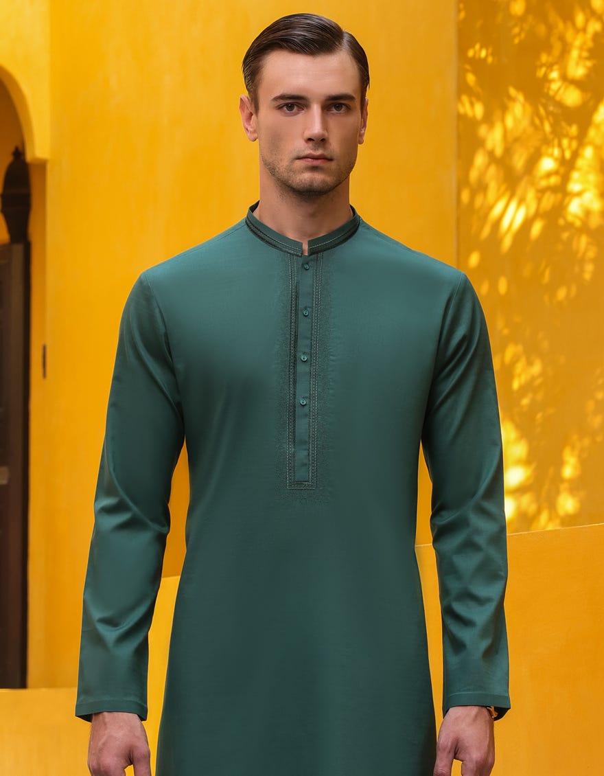 Bottle Green Cotton Men's Kurta | Jjk-S-34620