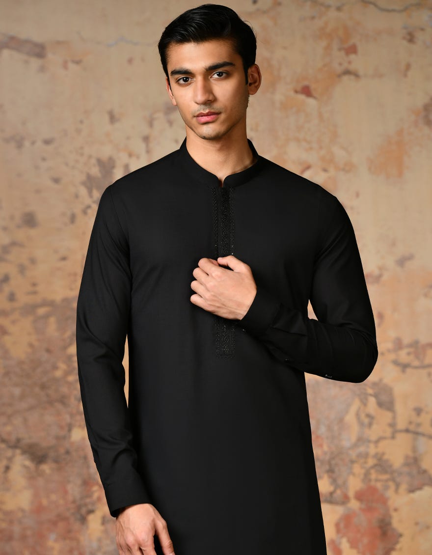 Black Blended Men's Kameez Shalwar | Jjks-S-34638