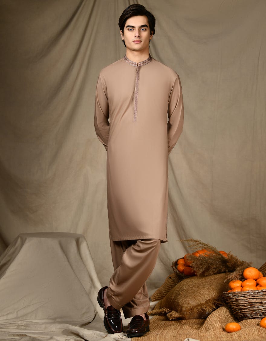Dull Brown Polyester Teen Boy's Kameez Shalwar | Jtks-S-34643