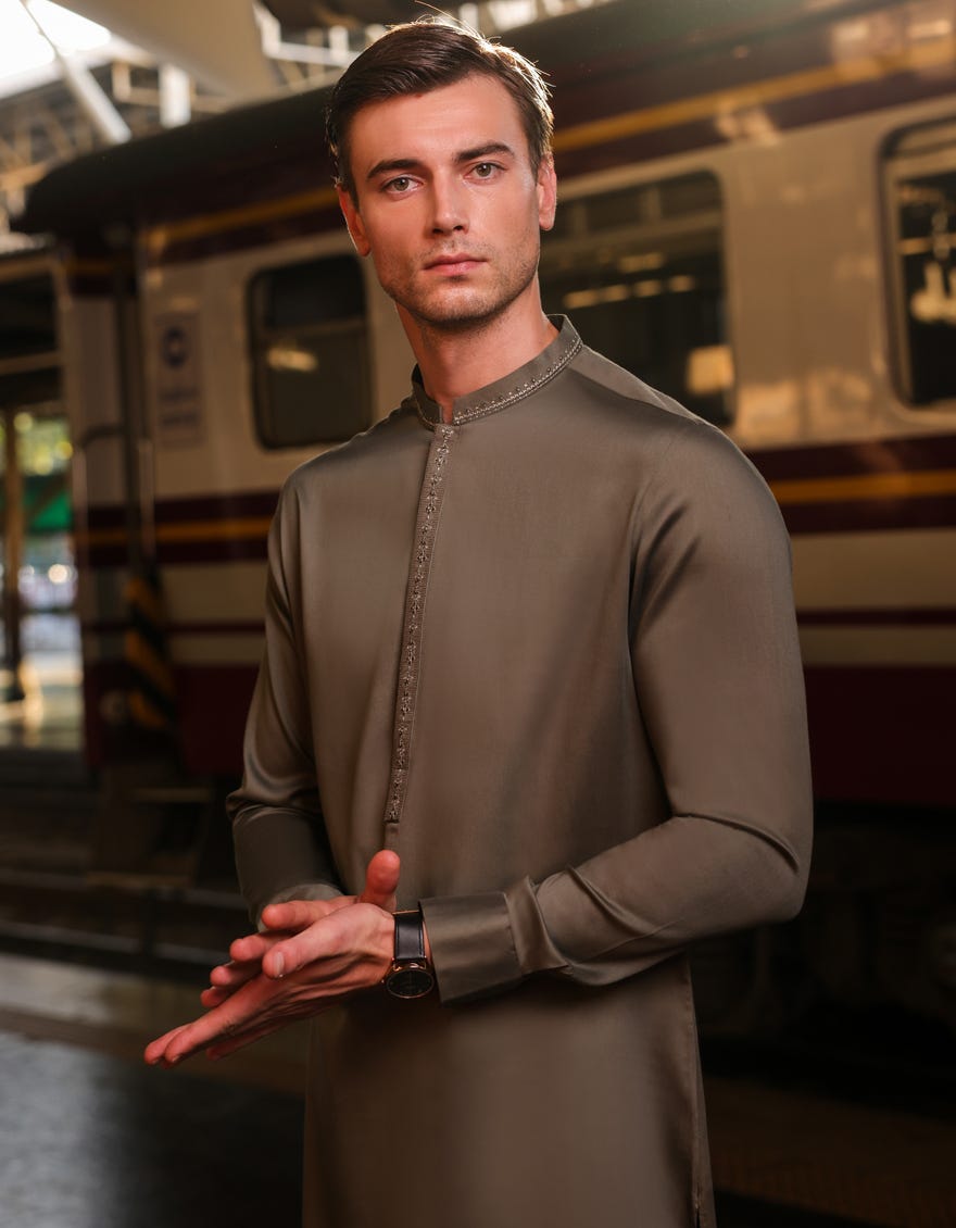 Olive Green Cotton Men's Kameez Shalwar | Jjks-S-34658