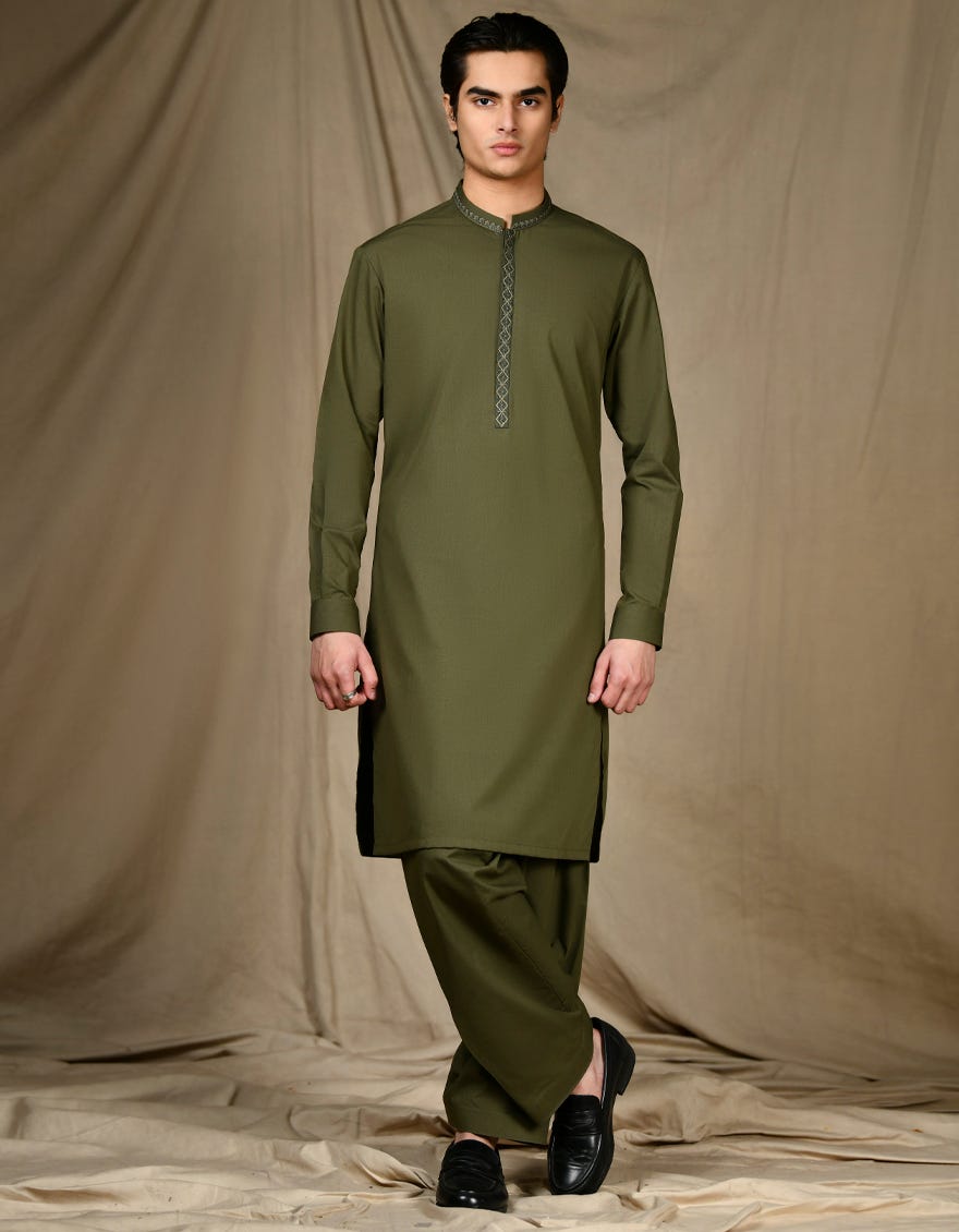 Army Green Blended Teen Boy's Kameez Shalwar | Jtks-S-34663