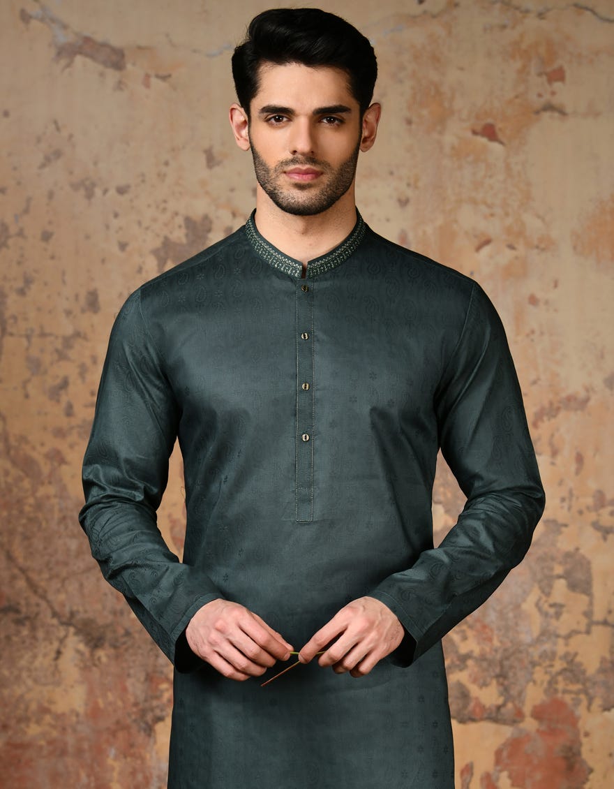 Bottle Green Cotton Men's Kurta | Jjk-S-34668