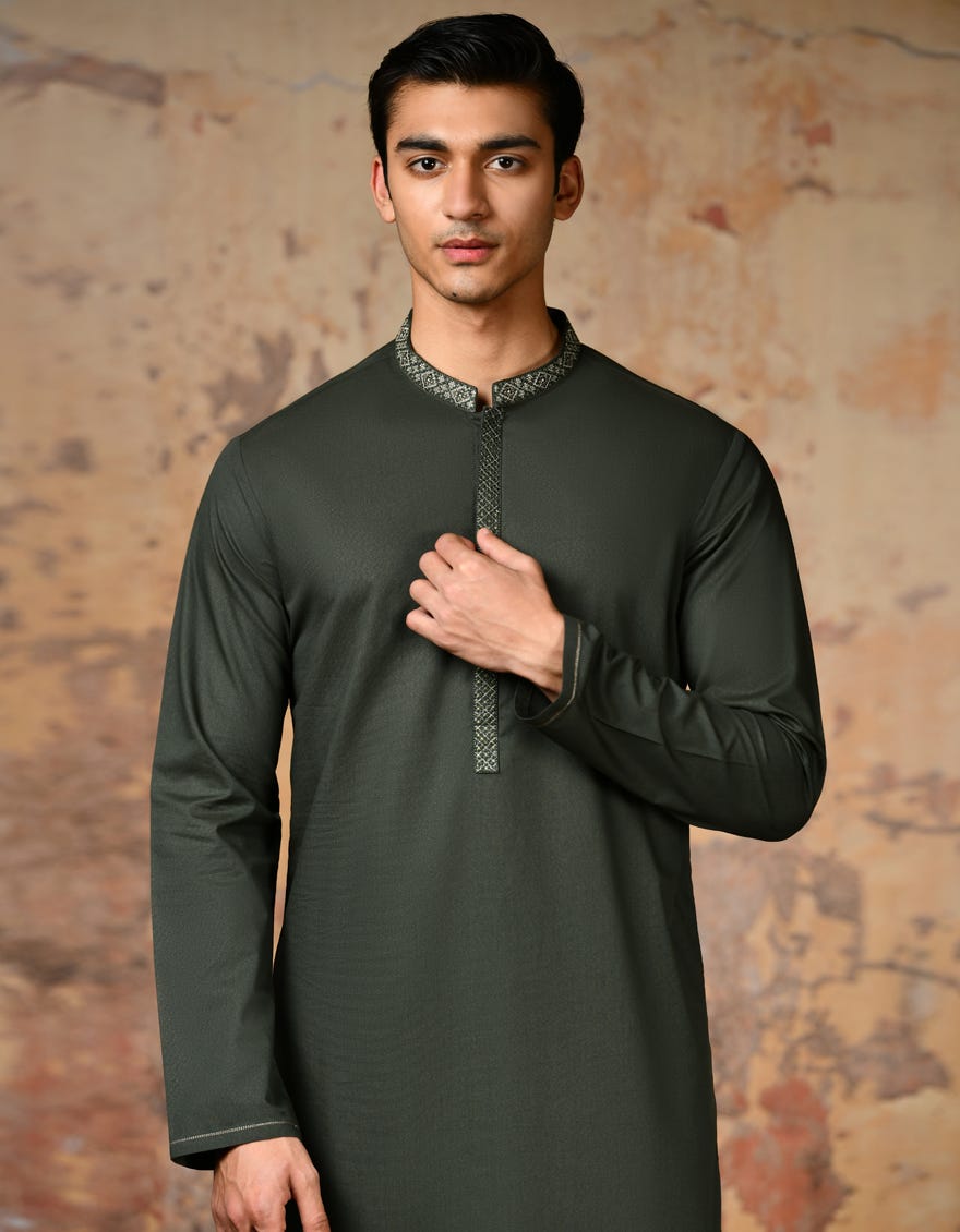 Green Blended Men's Kameez Shalwar | Jjks-S-34677