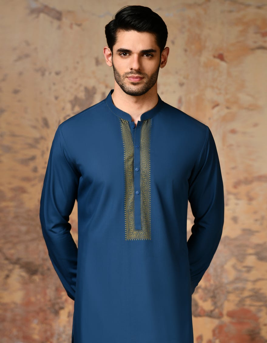 Teal Blue Blended Men's Kameez Shalwar | Jjks-A-34682