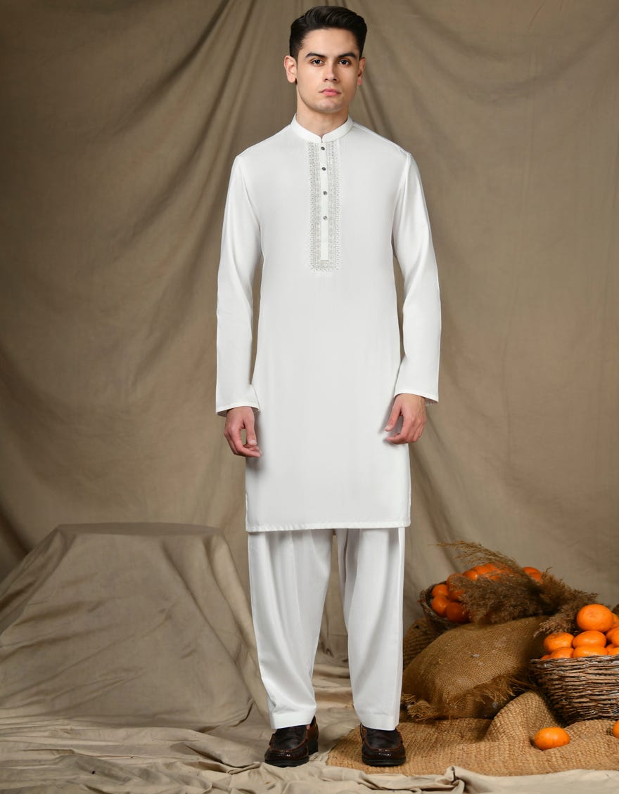 White Blended Teen Boy's Kameez Shalwar | Jtks-A-34689