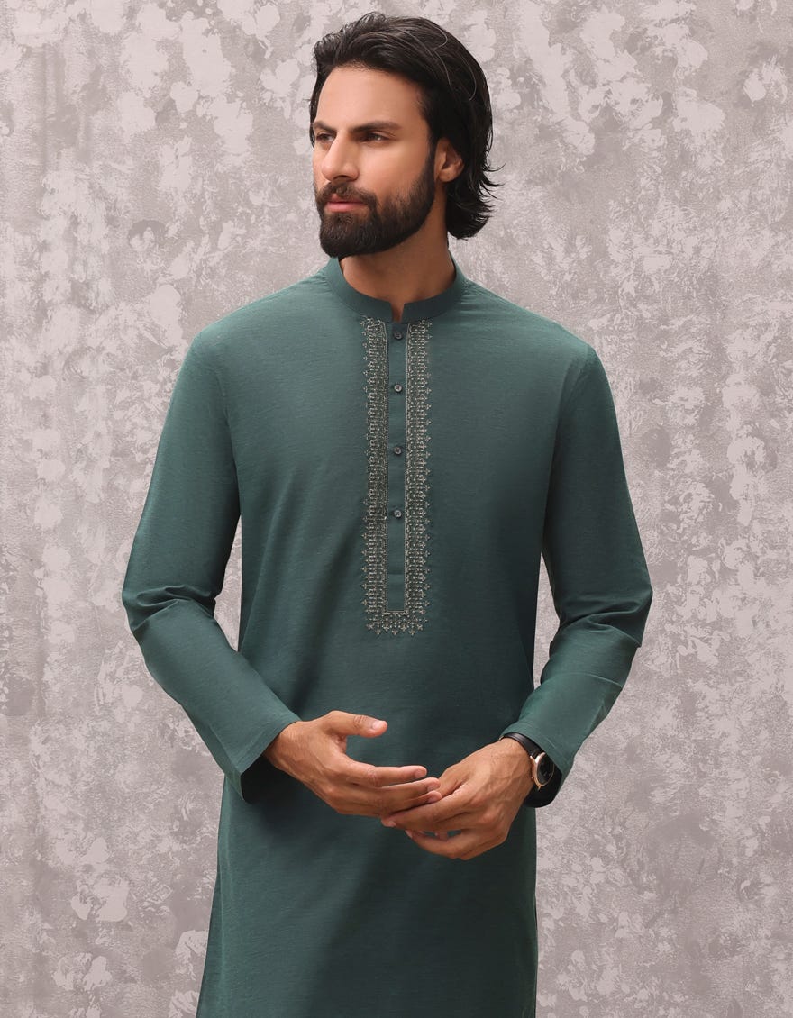 Bottle Green Blended Men's Kurta | Jjk-S-34704