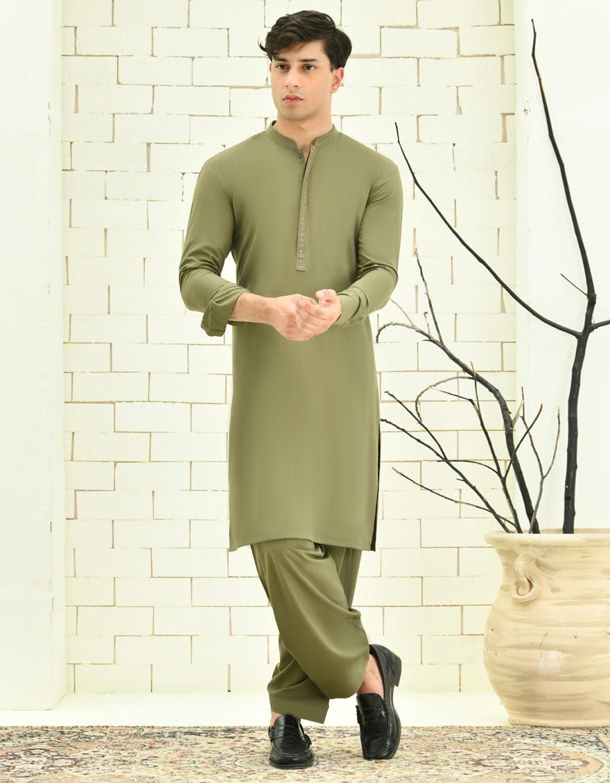 Army Green Blended Teen Boy's Kameez Shalwar | Jtks-S-34705