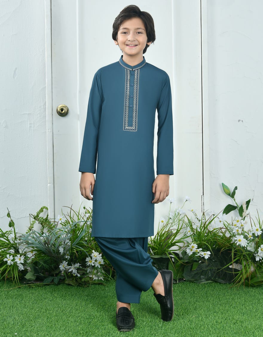 Emerald Green Blended Kid's Kameez Shalwar | Jcks-A-34714