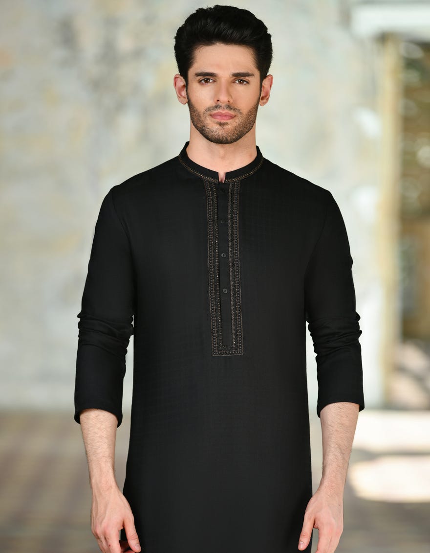 Black Blended Men's Kurta | Jjk-A-34725