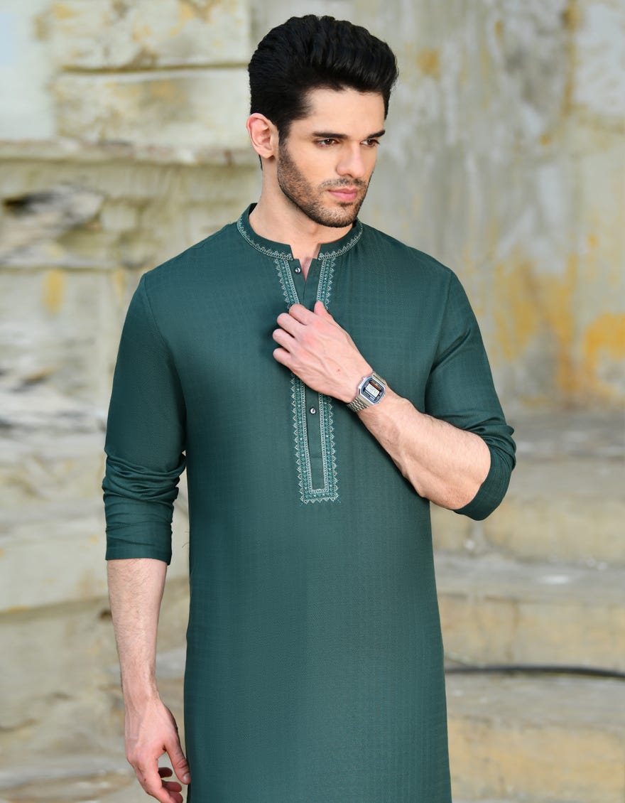 Bottle Green Blended Men's Kurta | Jjk-A-34726