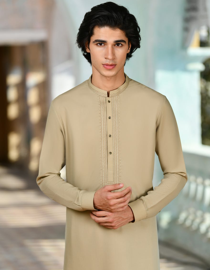 Beige Blended Men's Kameez Shalwar | Jjks-S-34728
