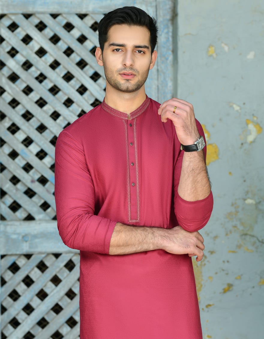 Red Blended Men's Kurta | Jjk-S-34730