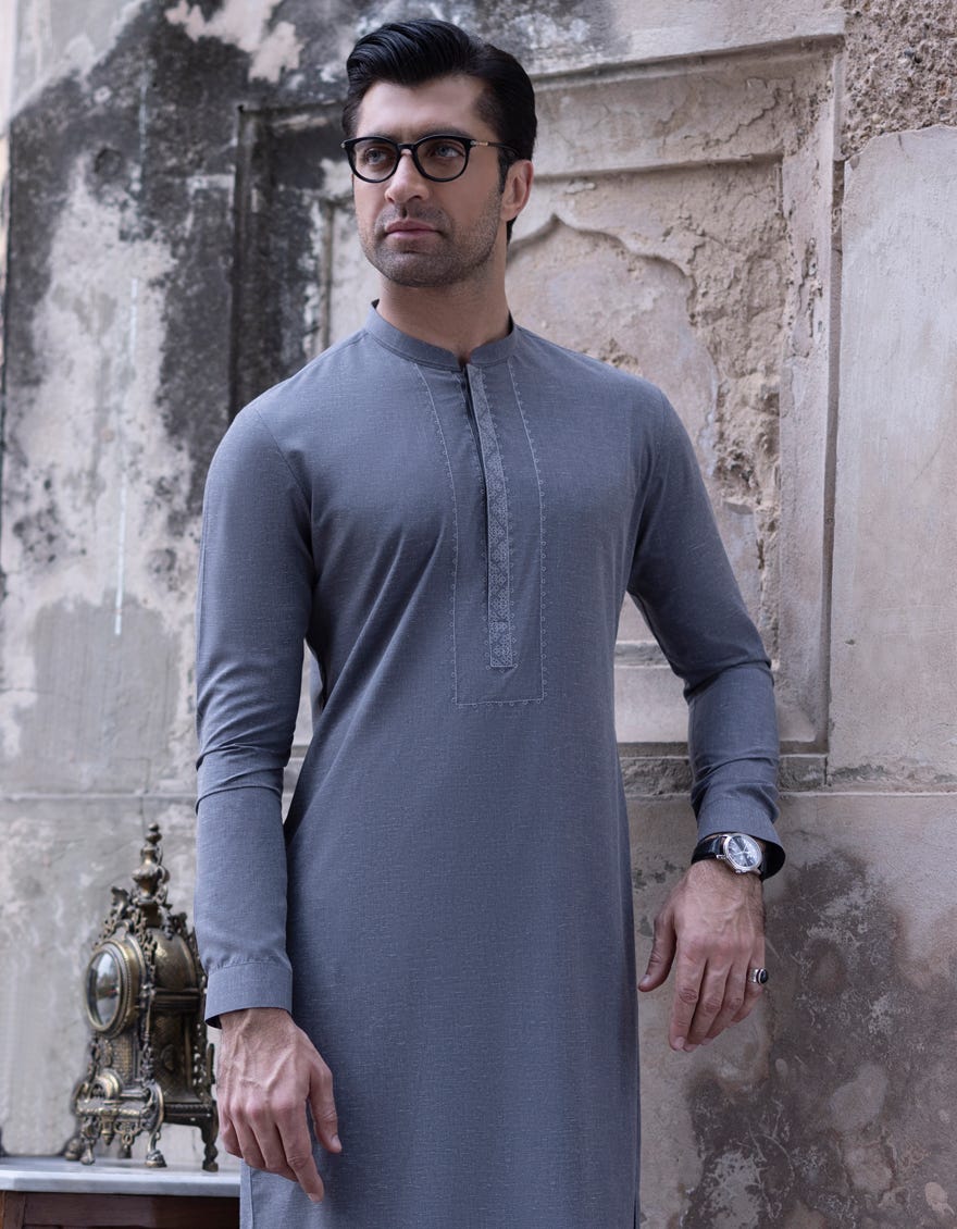 Grey Blended Men's Kameez Shalwar | Jjks-S-34732