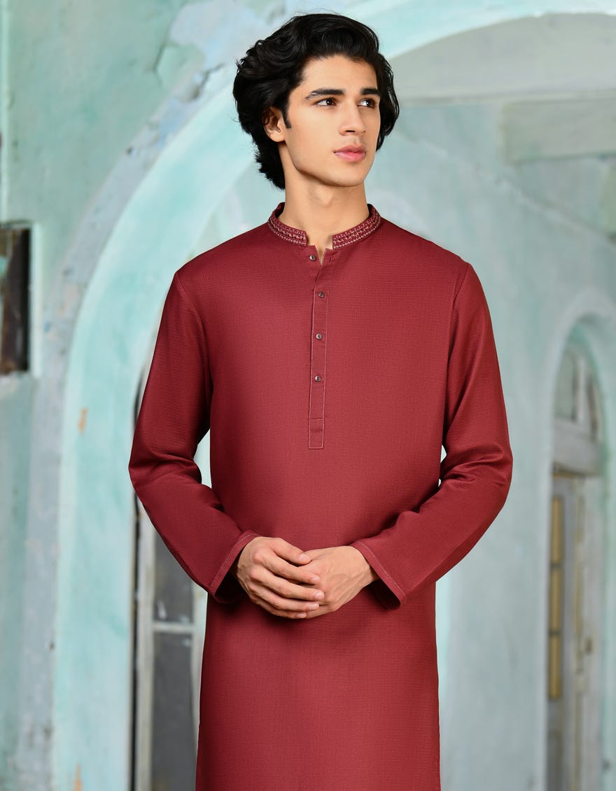 Red Blended Men's Kurta | Jjk-A-34734