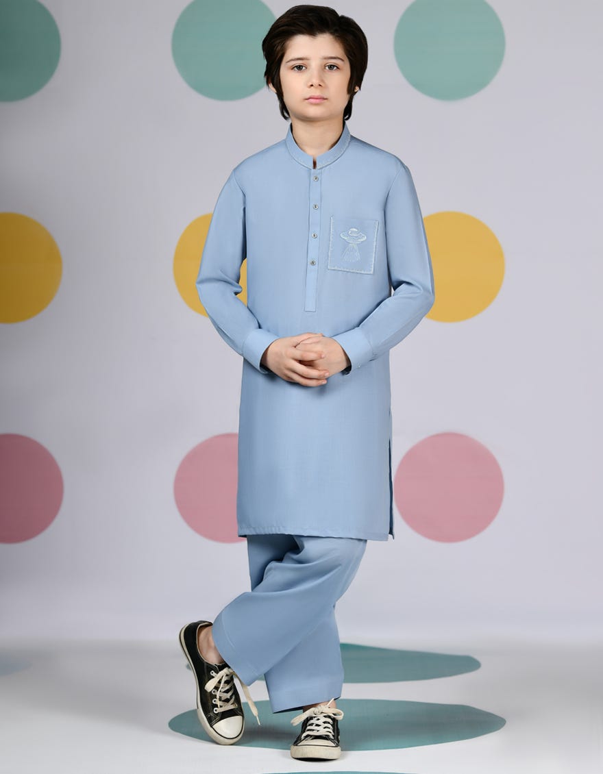 Dull Blue Blended Kid's Kameez Shalwar | Jcks-A-34758