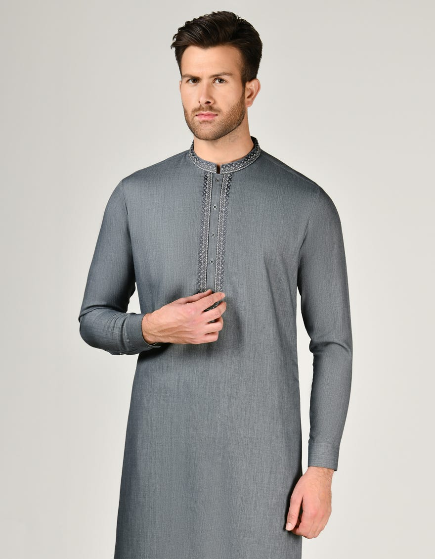 Grey Blended Men's Kameez Shalwar | Jjks-A-34771