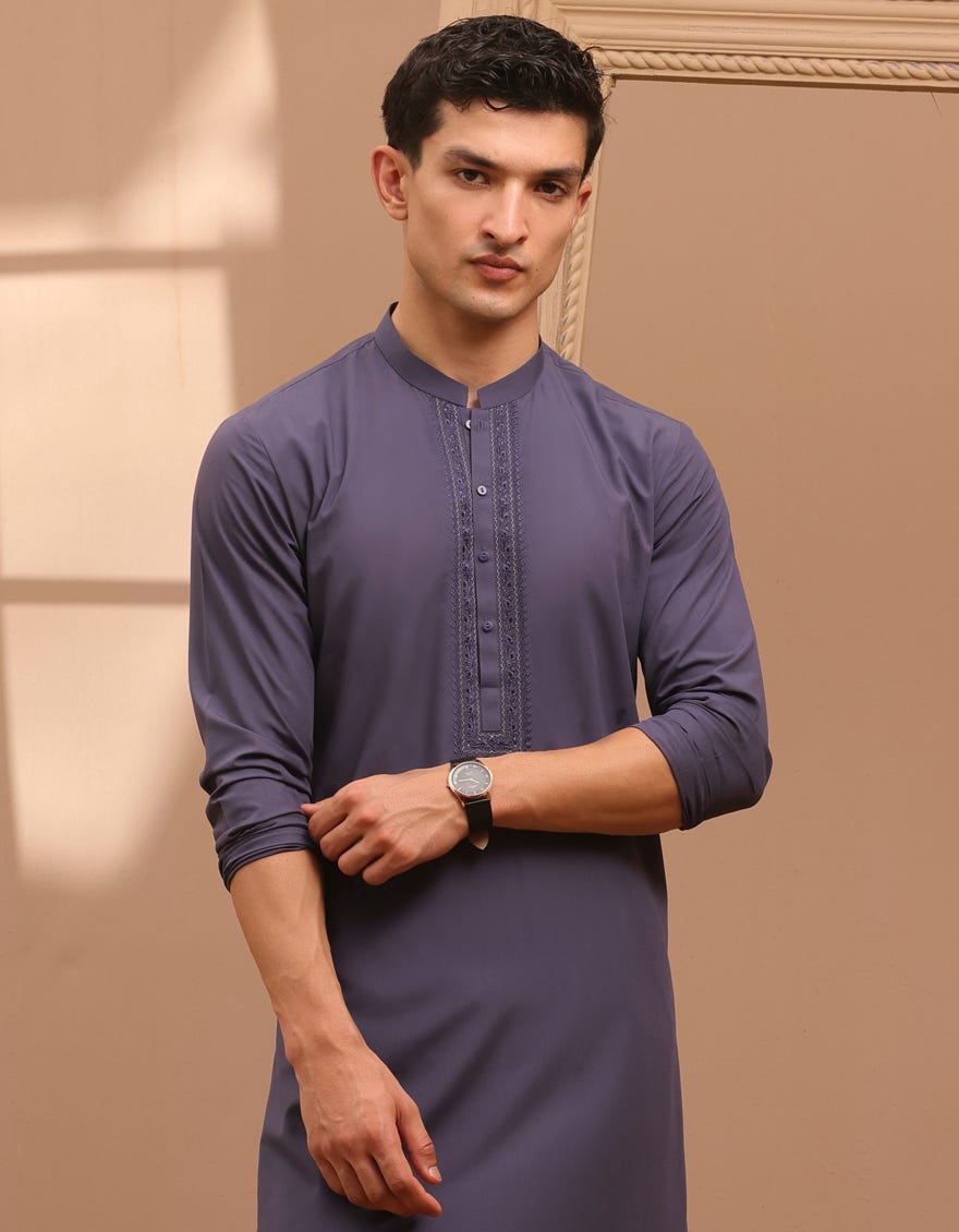 Pigeon Blue Blended Men's Kurta Pajama | Jjkp-A-34778