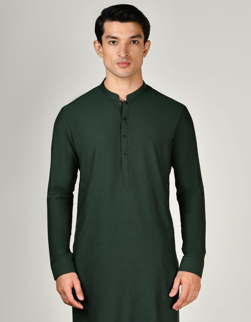 Bottle Green Blended Men's Kurta Pajama | Jjkp-A-34782
