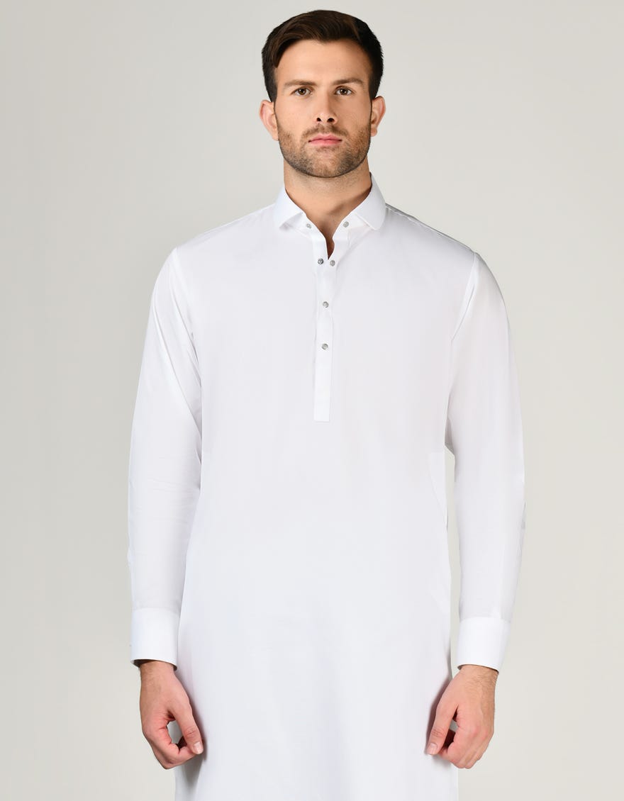 White Blended Men's Kameez Shalwar | Jjks-A-34784