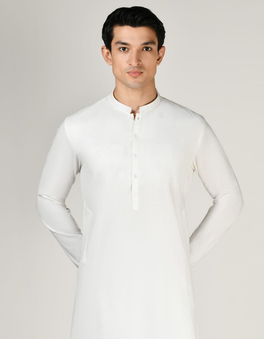 White Blended Men's Kameez Shalwar | Jjks-A-34786